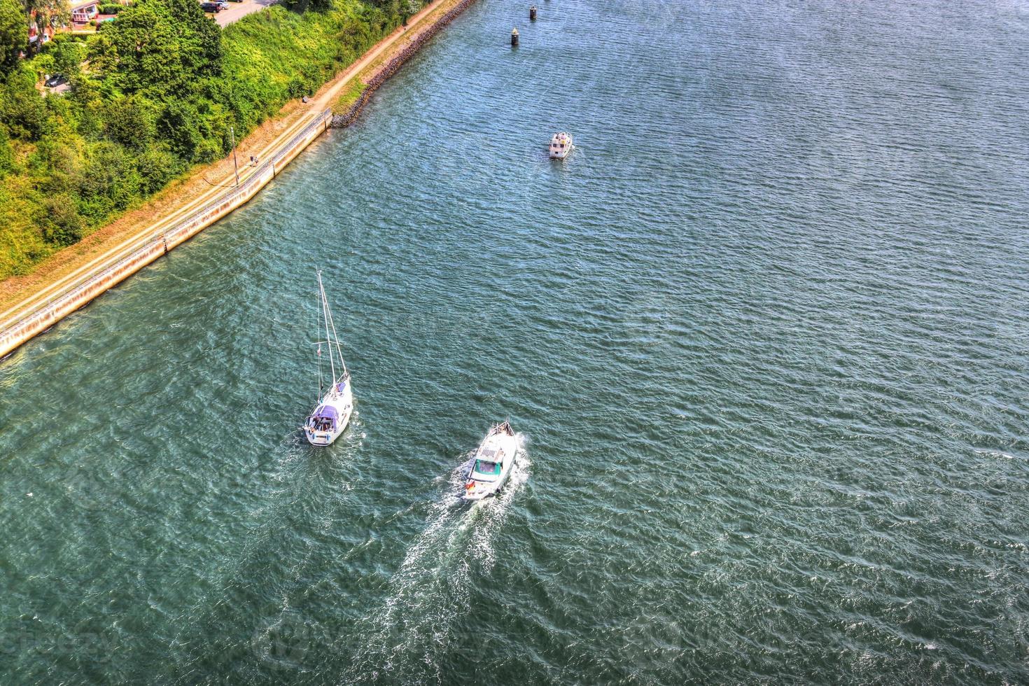 Different views at and from the big Kiel canal bridge in northern germany photo