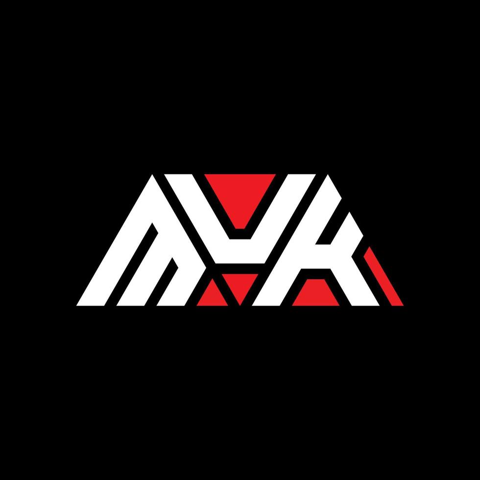 MUK triangle letter logo design with triangle shape. MUK triangle logo design monogram. MUK triangle vector logo template with red color. MUK triangular logo Simple, Elegant, and Luxurious Logo. MUK