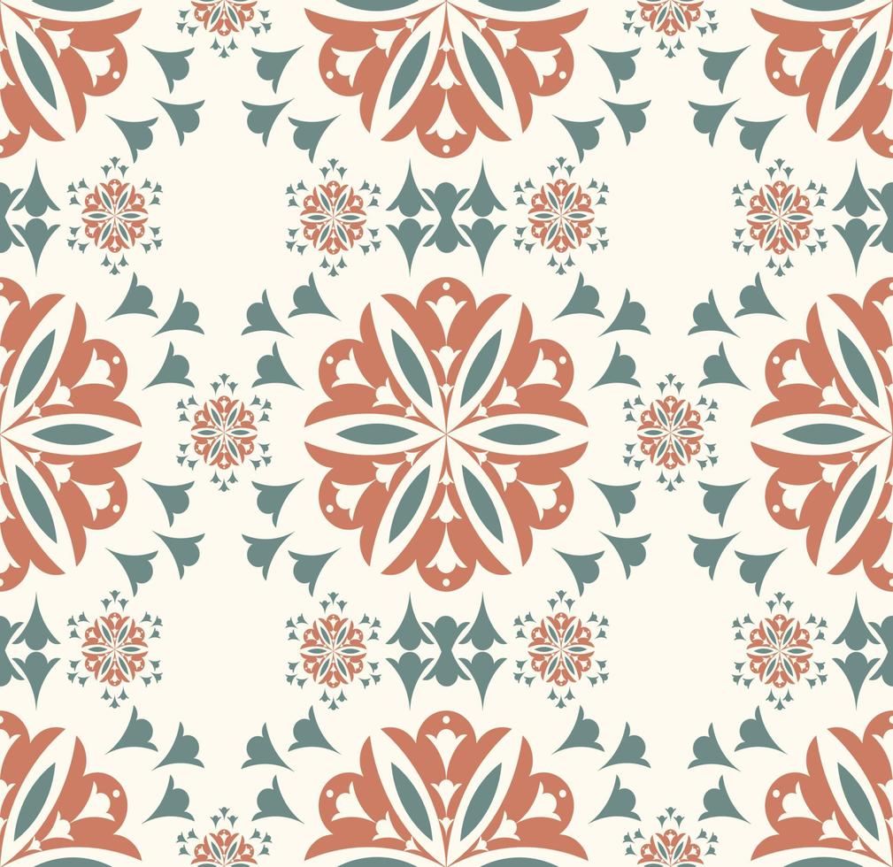 Ethnic geometric flower shape colorful brown green seamless pattern on white cream background. Use for fabric, textile, interior decoration elements, upholstery, wrapping. vector