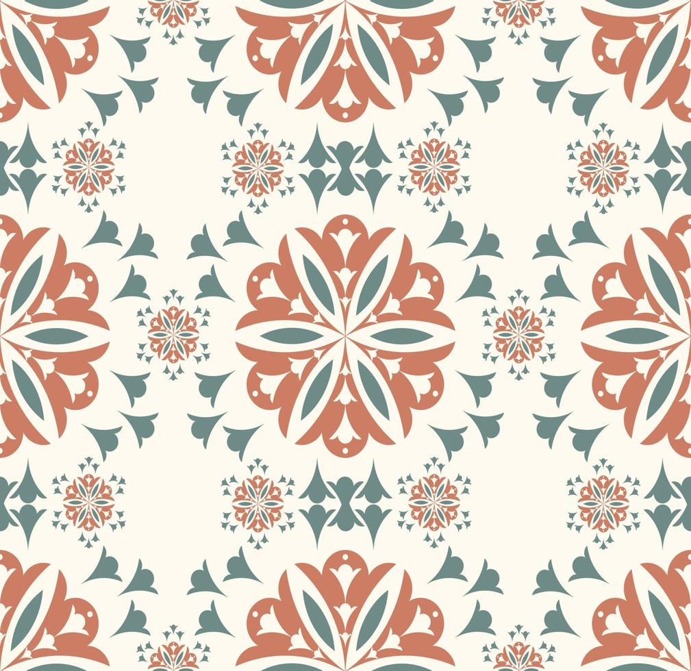 Ethnic geometric flower shape colorful brown green seamless pattern on white cream background. Use for fabric, textile, interior decoration elements, upholstery, wrapping. vector