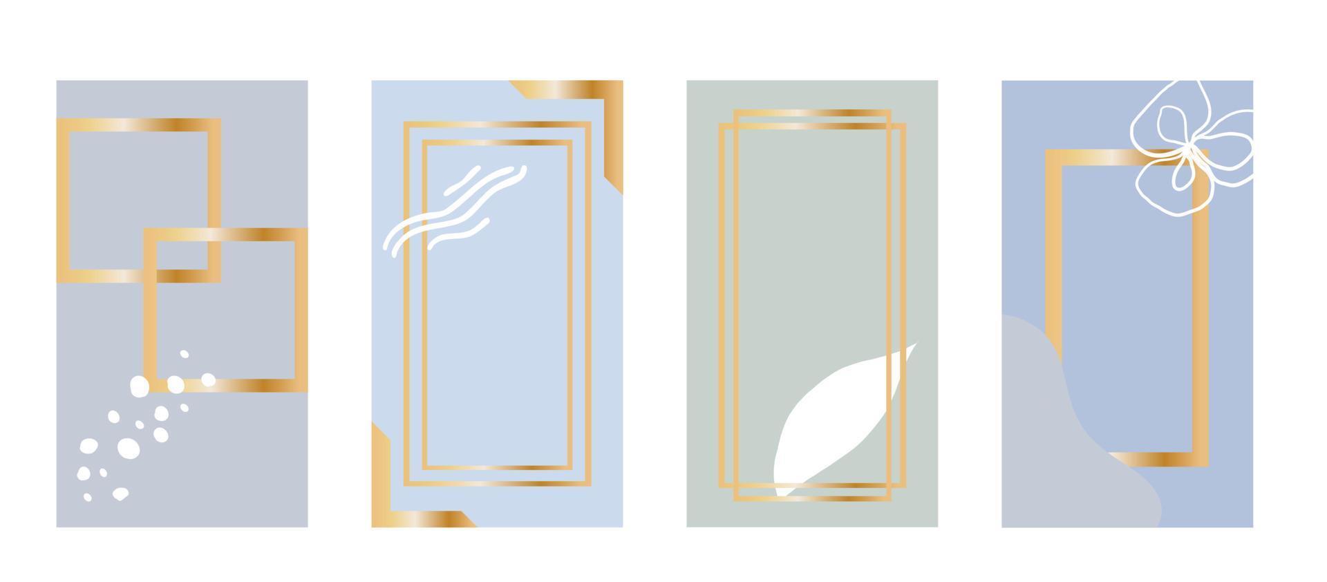 conjunto de 4 antecedentes abstractos para la plantilla de publicación en redes sociales. pastel colorido con un marco dorado degradado mínimo. vector