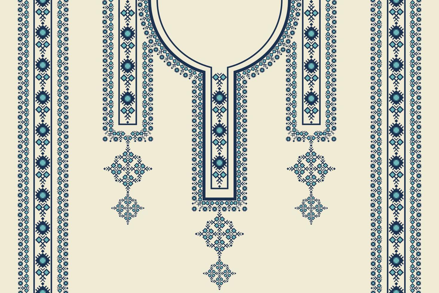 patrón geométrico de bordado de escote de color azul étnico con borde sobre fondo blanco crema. moda de arte tribal para camisas. vector