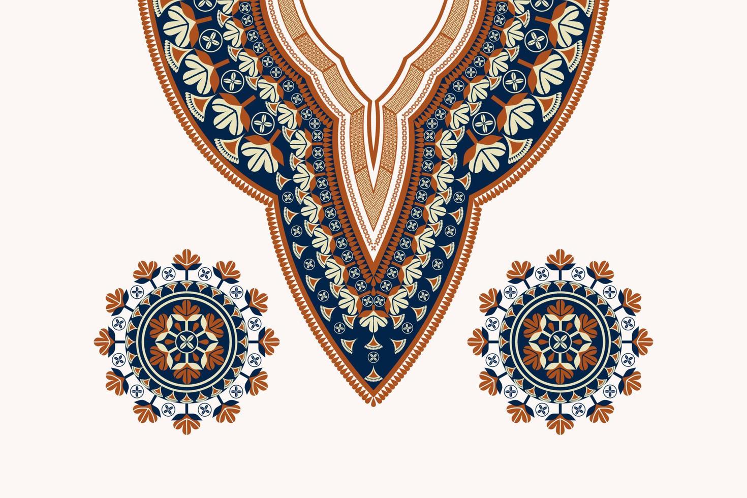 Ethnic neck embroidery vintage color flower pattern design with elements. Tribal art shirts fashion. vector