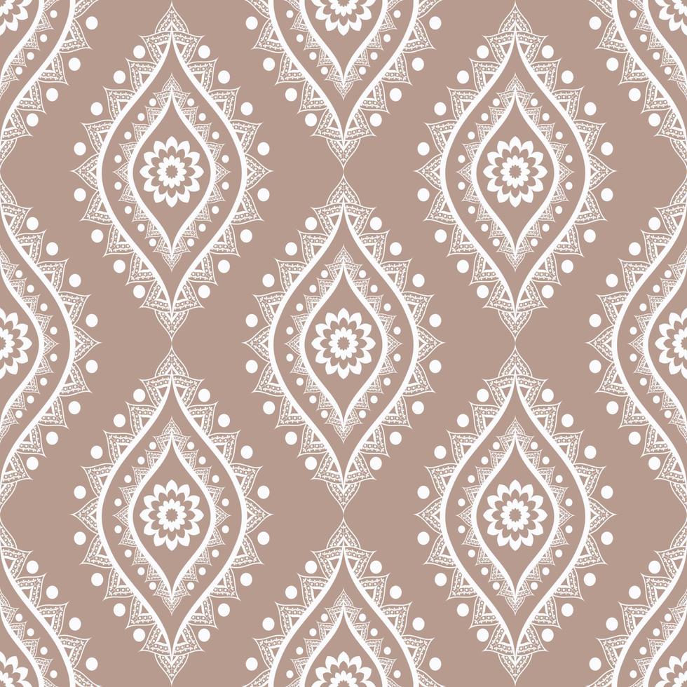 Fondo de patrón sin costuras en forma de flor india étnica de color blanco-marrón vintage. uso para telas, textiles, elementos de decoración de interiores, tapicería, envoltura. vector