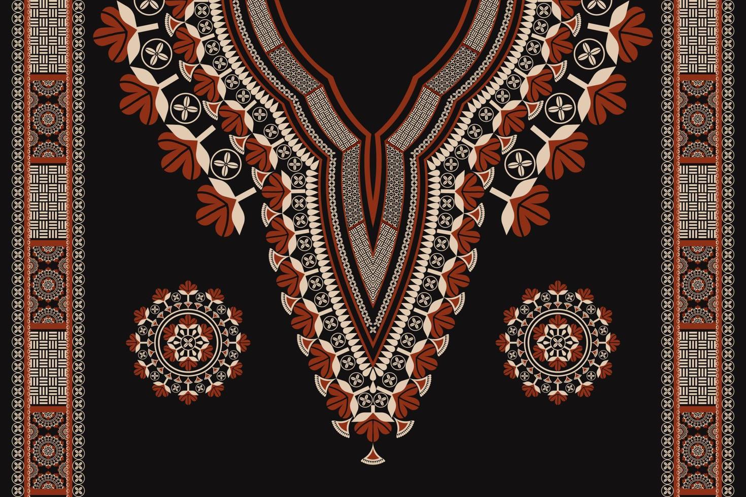 Ethnic red-gold color neckline flower embroidery pattern with decoration elements border on black background. African tribal art shirts fashion. vector