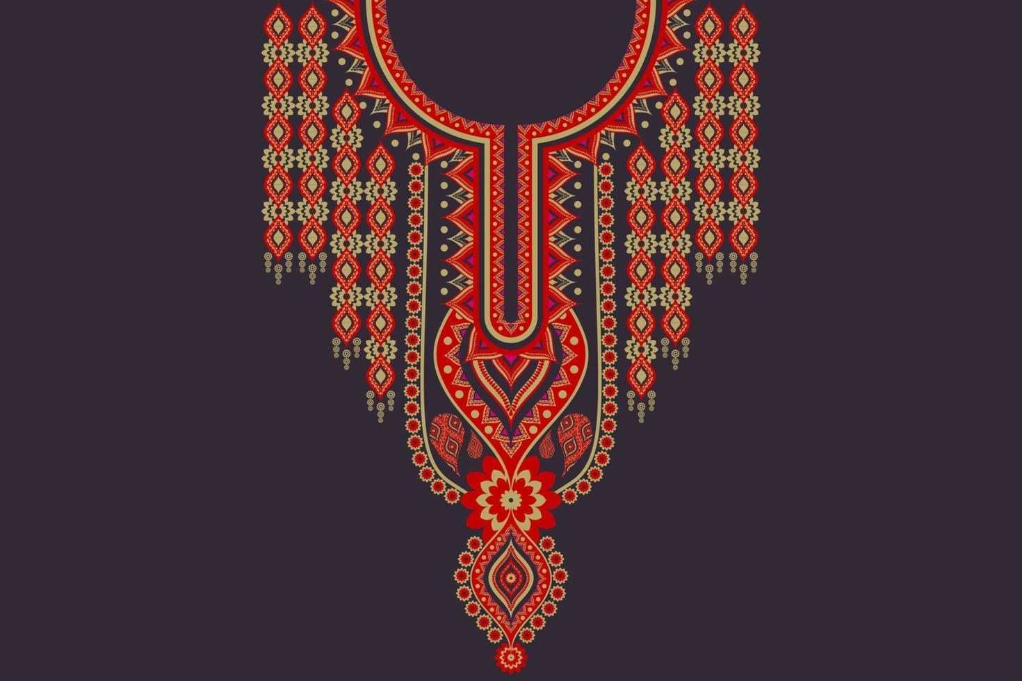 Ethnic neckline embroidery flower red-gold color Indian style on black background. Elegant tribal art shirts fashion. vector