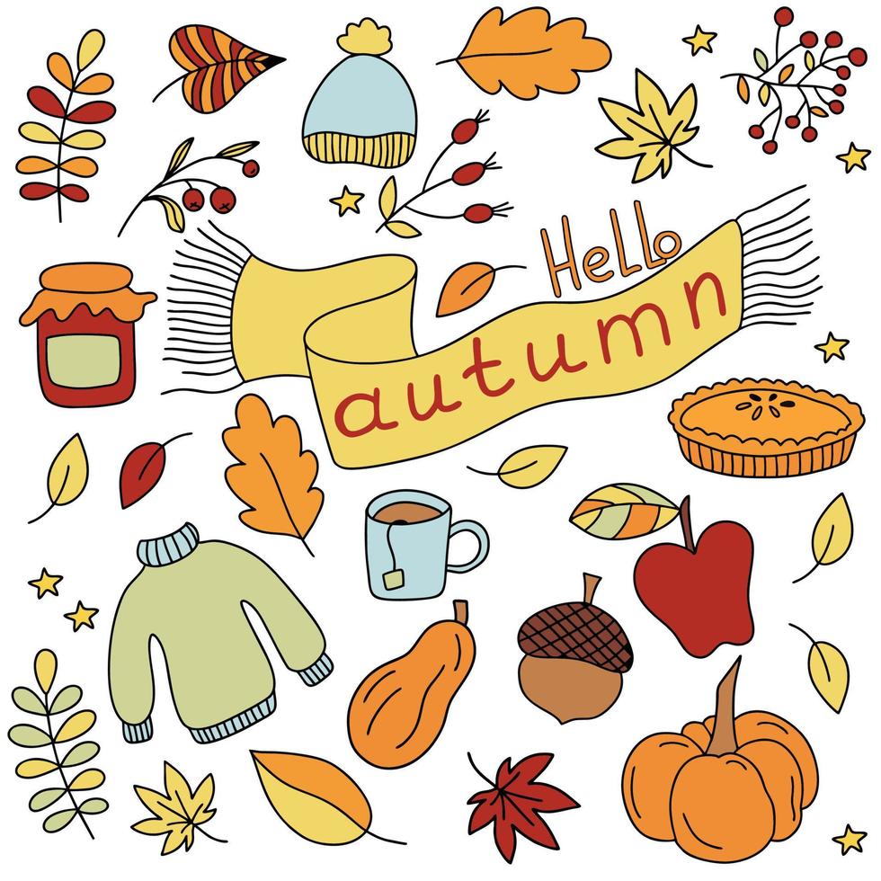 a set of autumn elements in the doodle style. vector illustration isolated