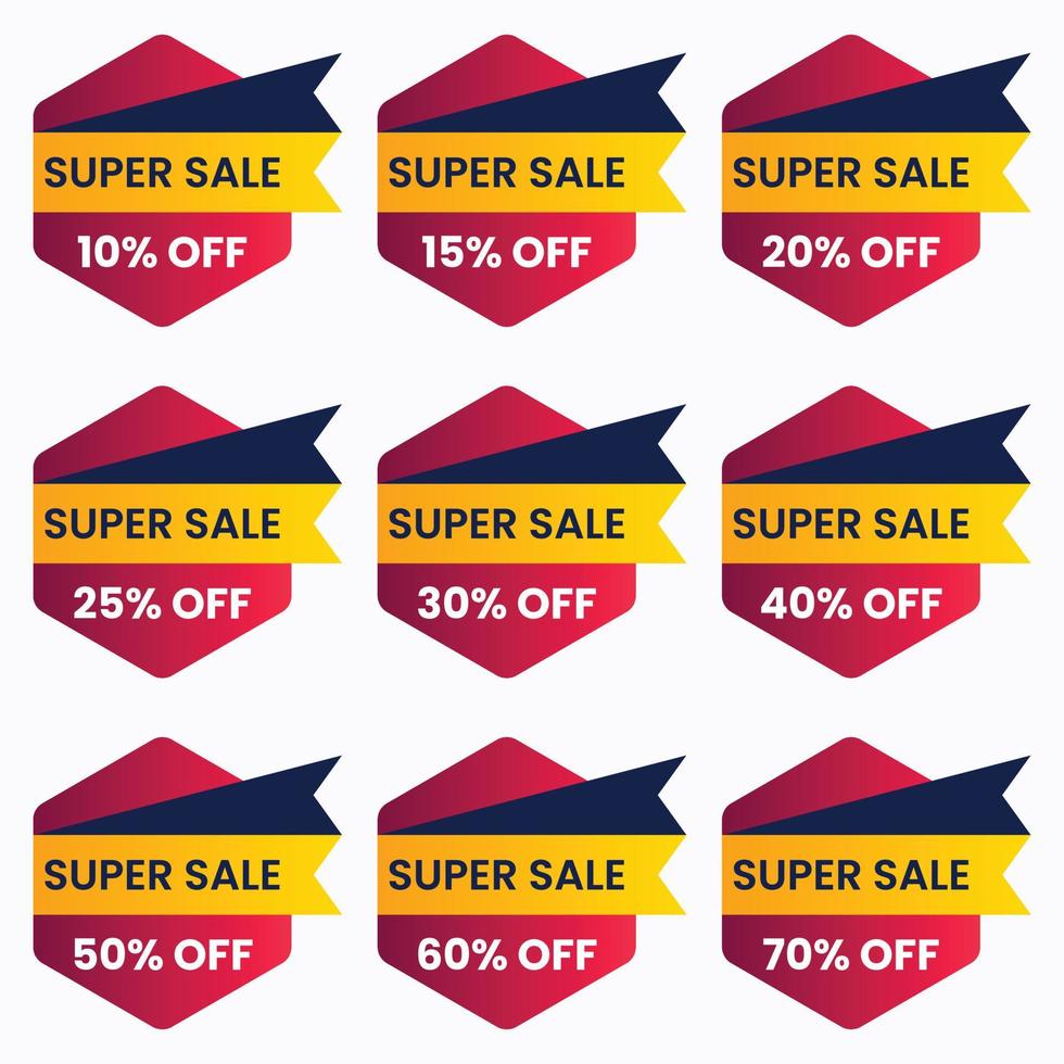 sale tag badge with different discount set. up to 10,15,20,25,30,40,50,60,70,80 percent off vector