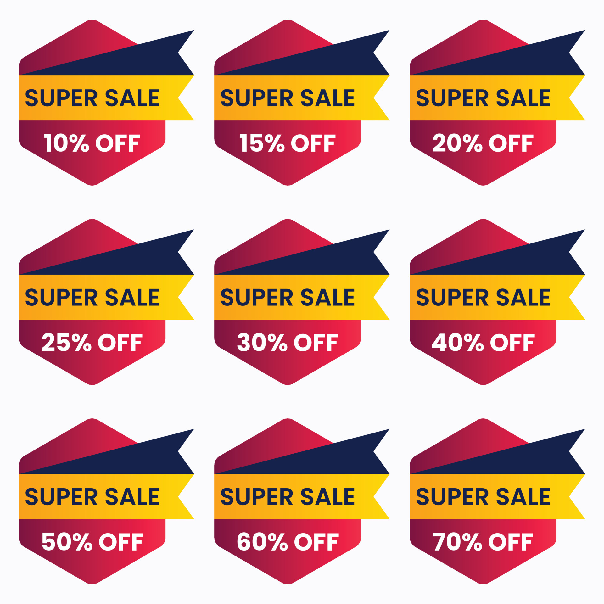 Sale tag badge with different discount set up to 10 15 20 25 30 40 50