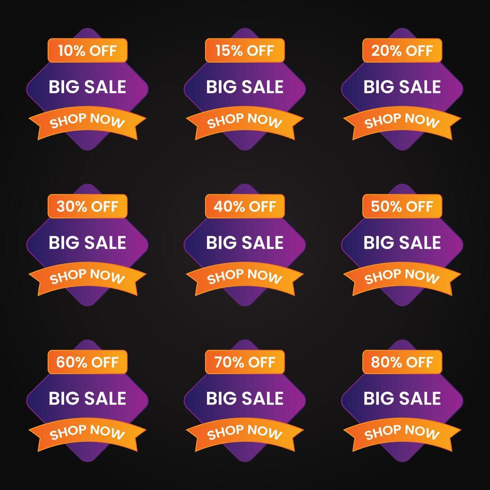 different percent sale discount offer banner and price tag design set, up to 10 off vector