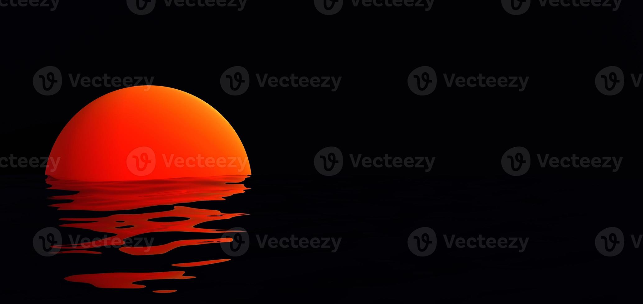 Red evening sunset on dark sea background. Purple disk gradient with sun path on waves descends beyond horizon and 3d render of black sky. Oceanic tropical landscape with night design photo