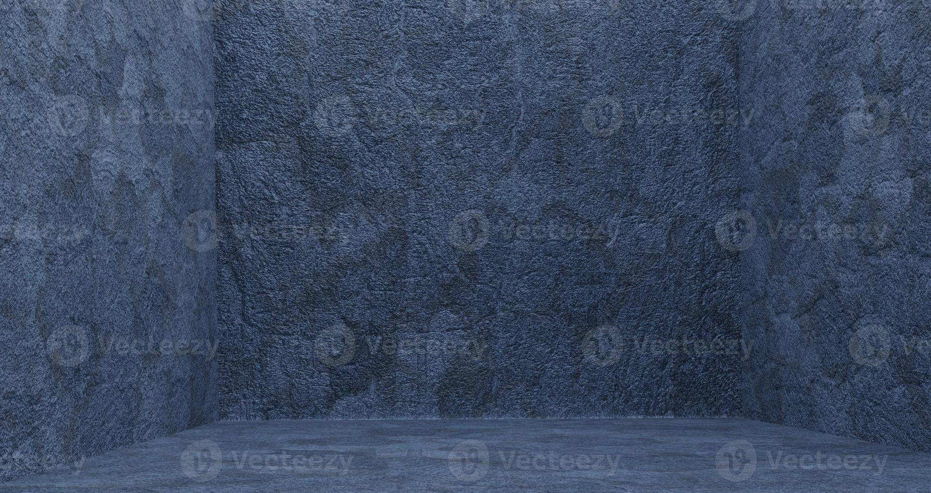 Empty concrete room with rough surface. Gray room with textured 3d render of dirty industrial blue tracery. Box filled with artificial building material for housing and office photo