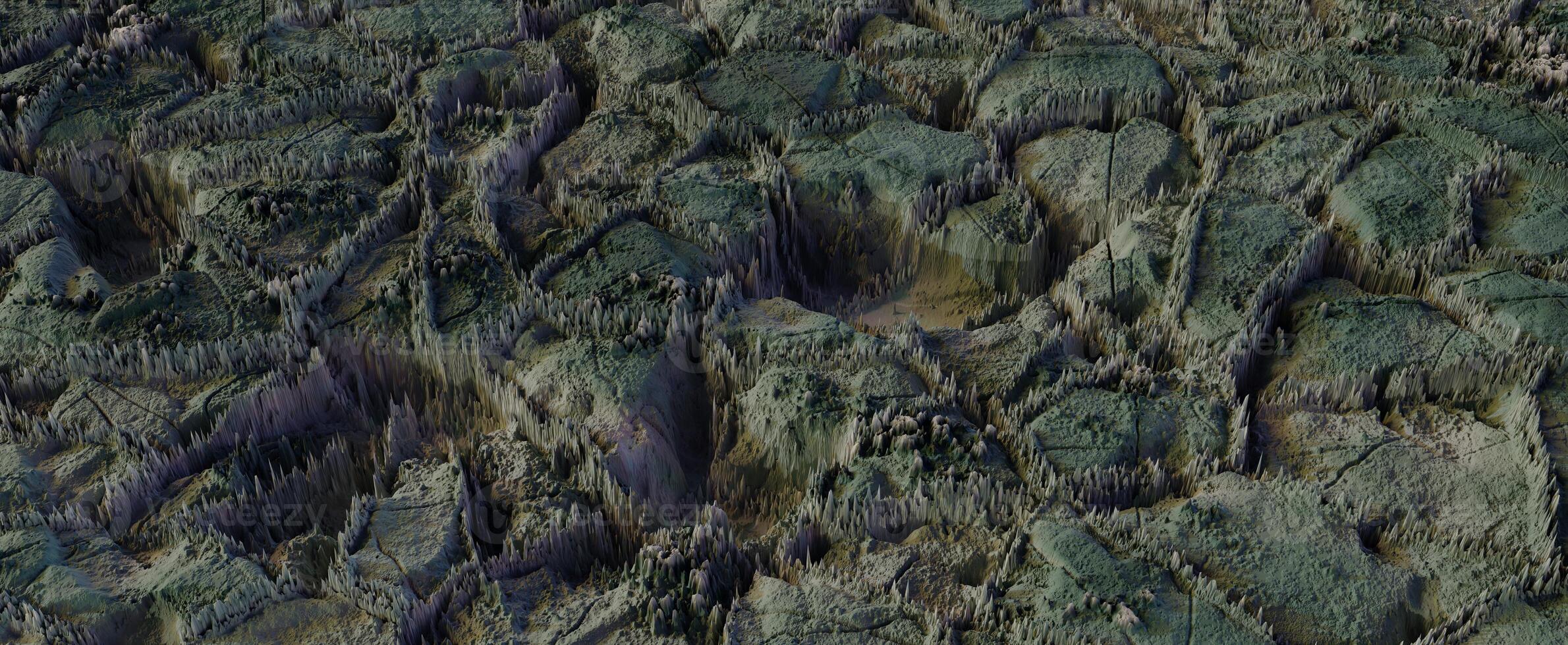 Futuristic mountainous landscape with stone outgrowths. Abstract valley rugged 3d render with sandstone clearings and deep pits. Topographic alien design from top view photo