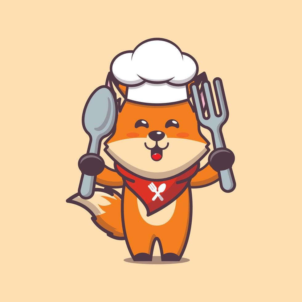 cute fox chef mascot cartoon character holding spoon and fork vector