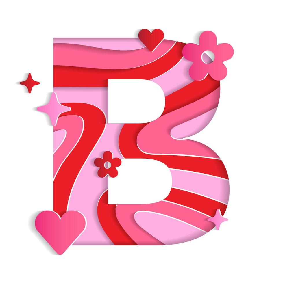 B Alphabet Valentines Day Love Abstract Character Font Letter Paper Lively Flower Heart Sparkle Shine Red Pink Mountain Geography Contour Map 3D Layer Paper Cutout Card Web Banner Vector Illustration