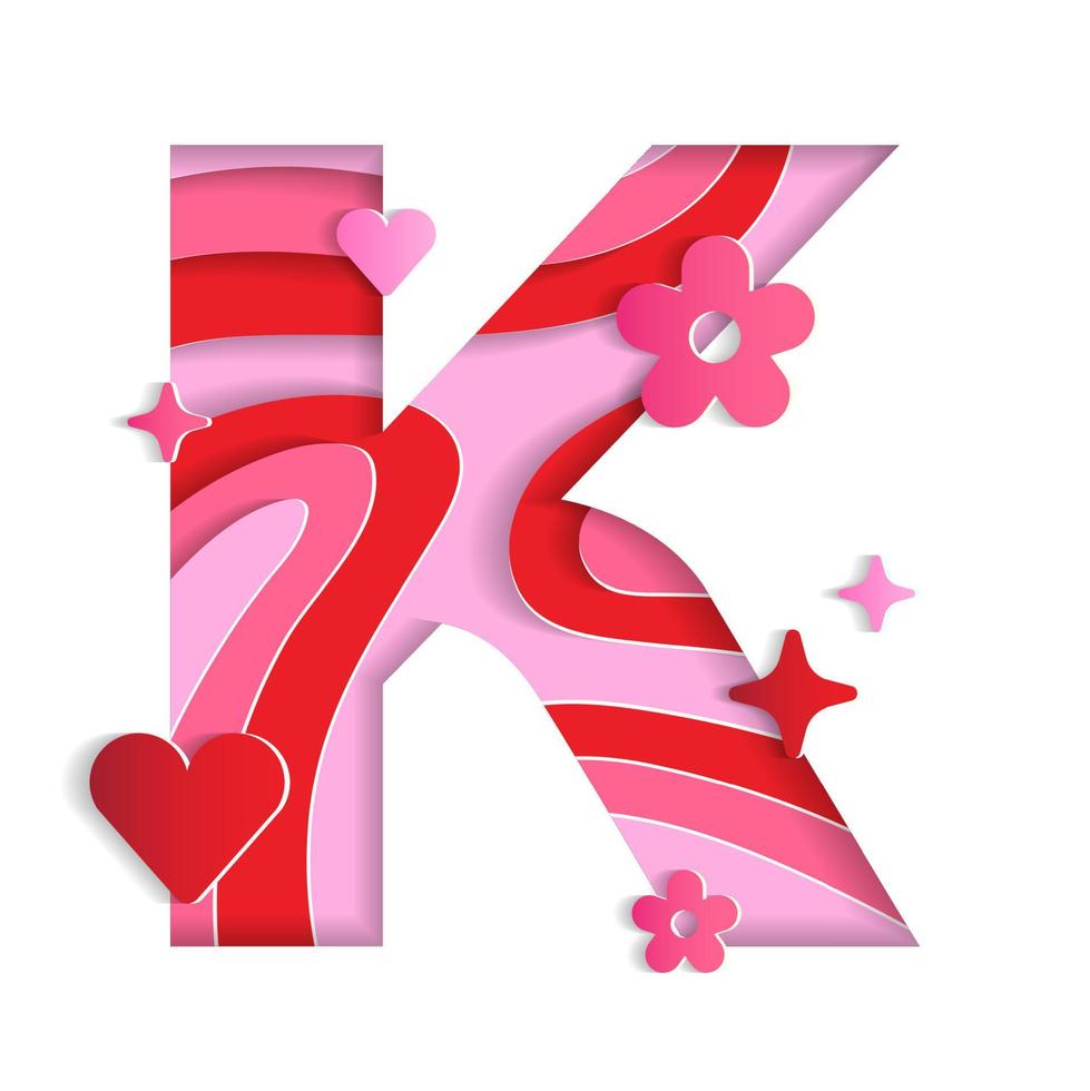 K Alphabet Valentines Day Love Abstract Character Font Letter Paper Lively Flower Heart Sparkle Shine Red Pink Mountain Geography Contour Map 3D Layer Paper Cutout Card Web Banner Vector Illustration