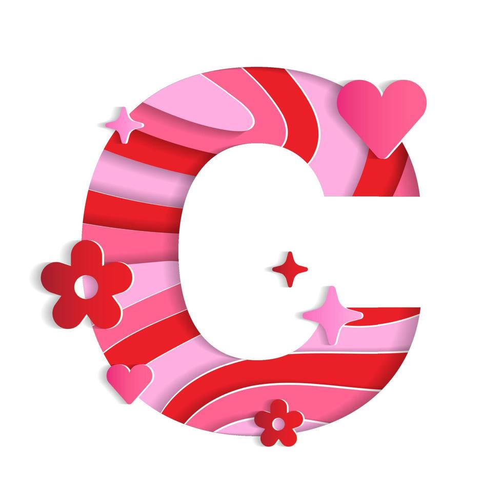 C Alphabet Valentines Day Love Abstract Character Font Letter Paper Lively Flower Heart Sparkle Shine Red Pink Mountain Geography Contour Map 3D Layer Paper Cutout Card Web Banner Vector Illustration