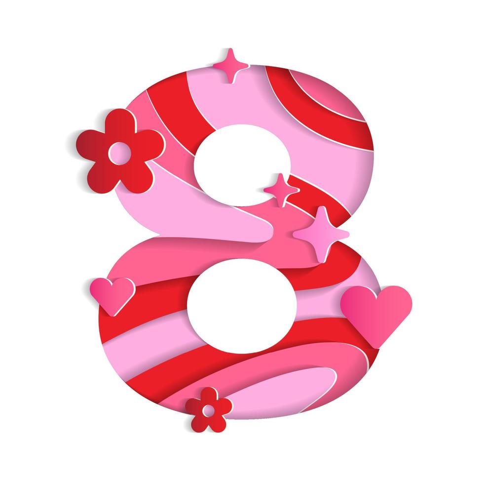 8 Numeric Valentines Day Love Abstract Character Font Number Paper Lively Flower Heart Sparkle Shine Red Pink Mountain Geography Contour Map 3D Layer Paper Cutout Card Web Banner Vector Illustration