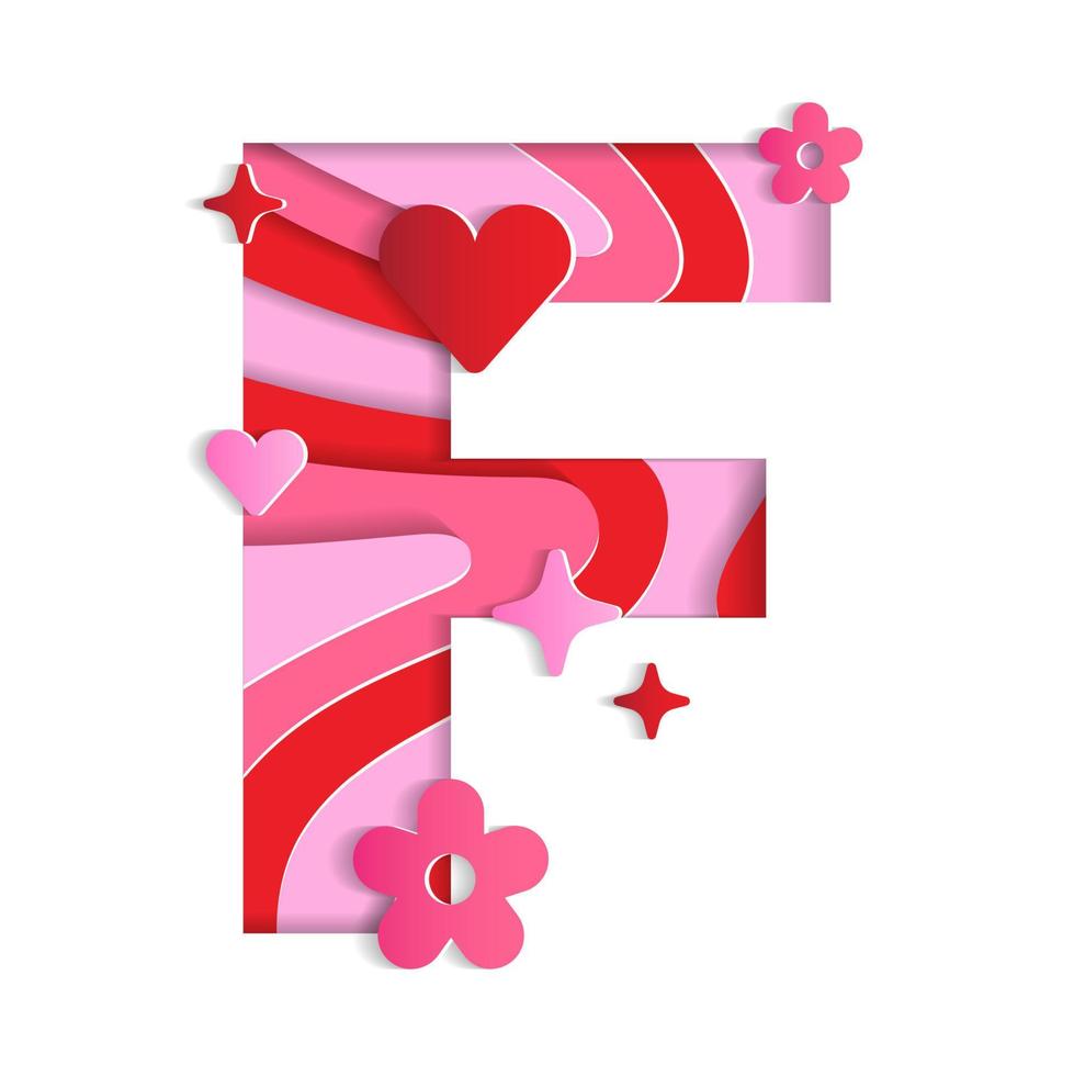 F Alphabet Valentines Day Love Abstract Character Font Letter Paper Lively Flower Heart Sparkle Shine Red Pink Mountain Geography Contour Map 3D Layer Paper Cutout Card Web Banner Vector Illustration
