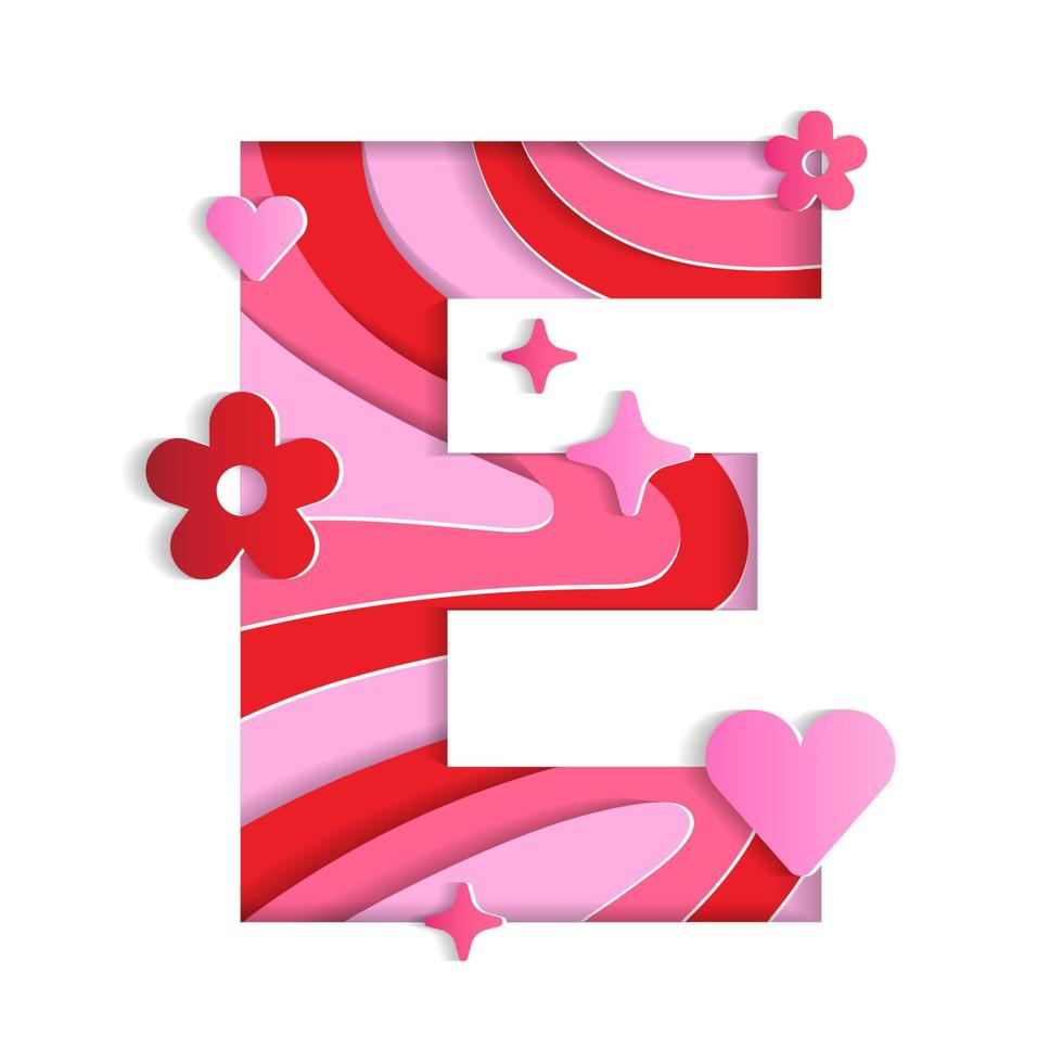 e alfabeto día de san valentín amor abstracto carácter fuente carta papel animado flor corazón brillo rojo rosa montaña geografía contorno mapa 3d capa papel recorte tarjeta web banner vector ilustración