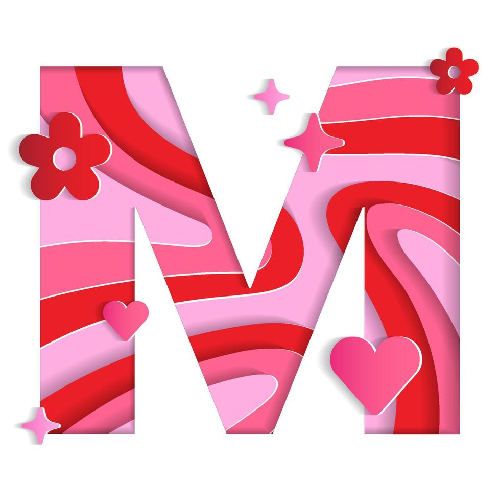 m alfabeto día de san valentín amor abstracto carácter fuente carta papel animado flor corazón brillo rojo rosa montaña geografía contorno mapa 3d capa papel recorte tarjeta web banner vector ilustración