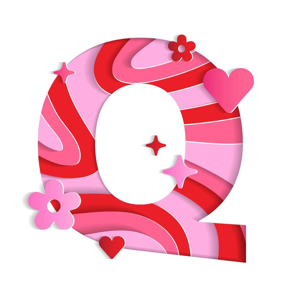 Q Alphabet Valentines Day Love Abstract Character Font Letter Paper Lively Flower Heart Sparkle Shine Red Pink Mountain Geography Contour Map 3D Layer Paper Cutout Card Web Banner Vector Illustration