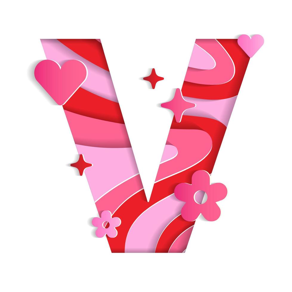 V Alphabet Valentines Day Love Abstract Character Font Letter Paper Lively Flower Heart Sparkle Shine Red Pink Mountain Geography Contour Map 3D Layer Paper Cutout Card Web Banner Vector Illustration