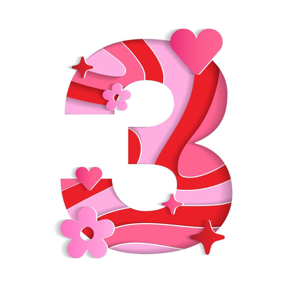 3 Numeric Valentines Day Love Abstract Character Font Number Paper Lively Flower Heart Sparkle Shine Red Pink Mountain Geography Contour Map 3D Layer Paper Cutout Card Web Banner Vector Illustration