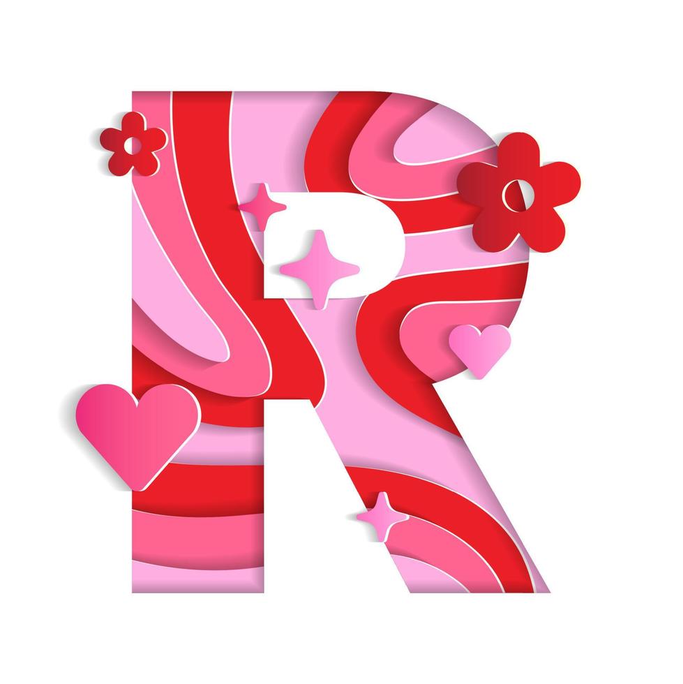 R Alphabet Valentines Day Love Abstract Character Font Letter Paper Lively Flower Heart Sparkle Shine Red Pink Mountain Geography Contour Map 3D Layer Paper Cutout Card Web Banner Vector Illustration