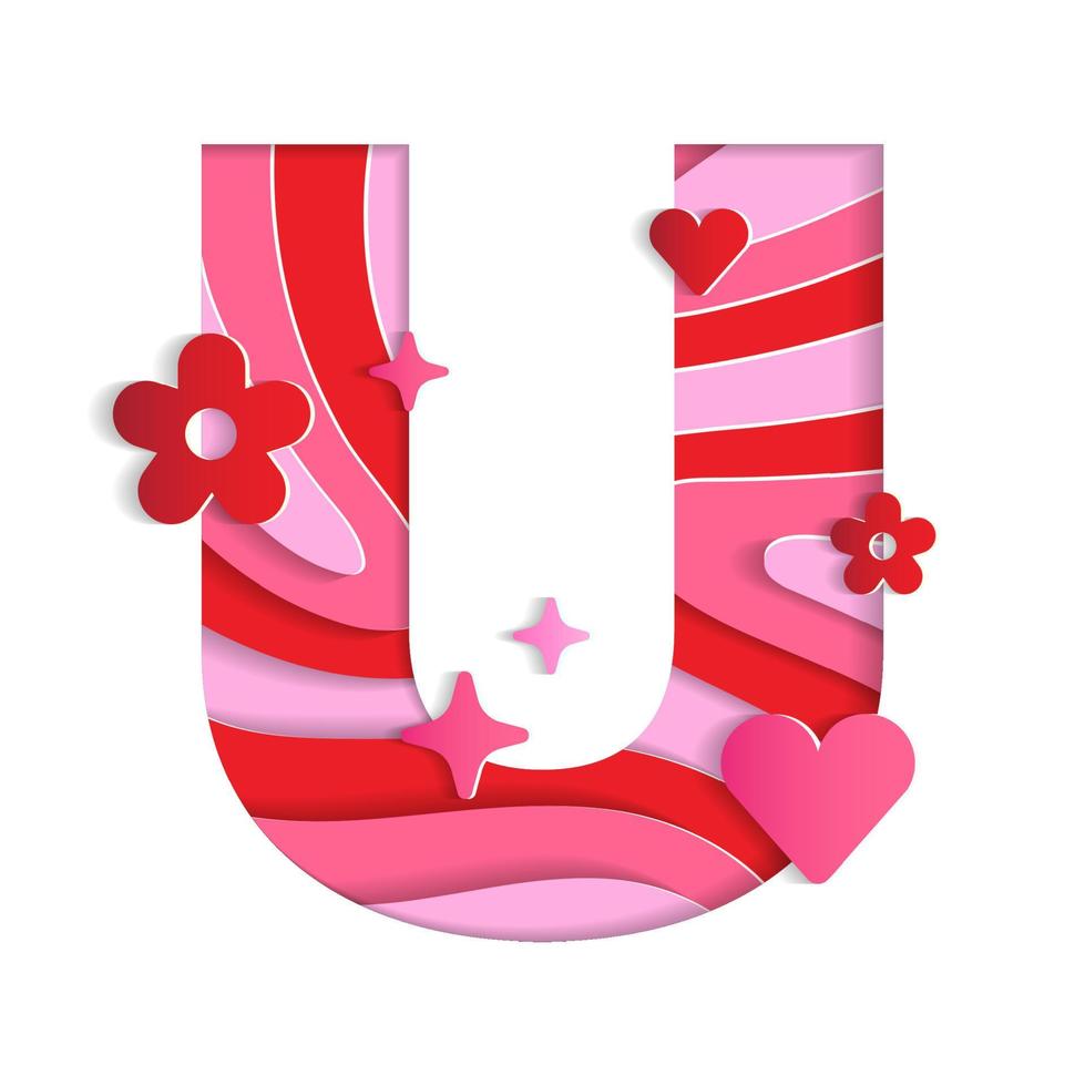 U Alphabet Valentines Day Love Abstract Character Font Letter Paper Lively Flower Heart Sparkle Shine Red Pink Mountain Geography Contour Map 3D Layer Paper Cutout Card Web Banner Vector Illustration