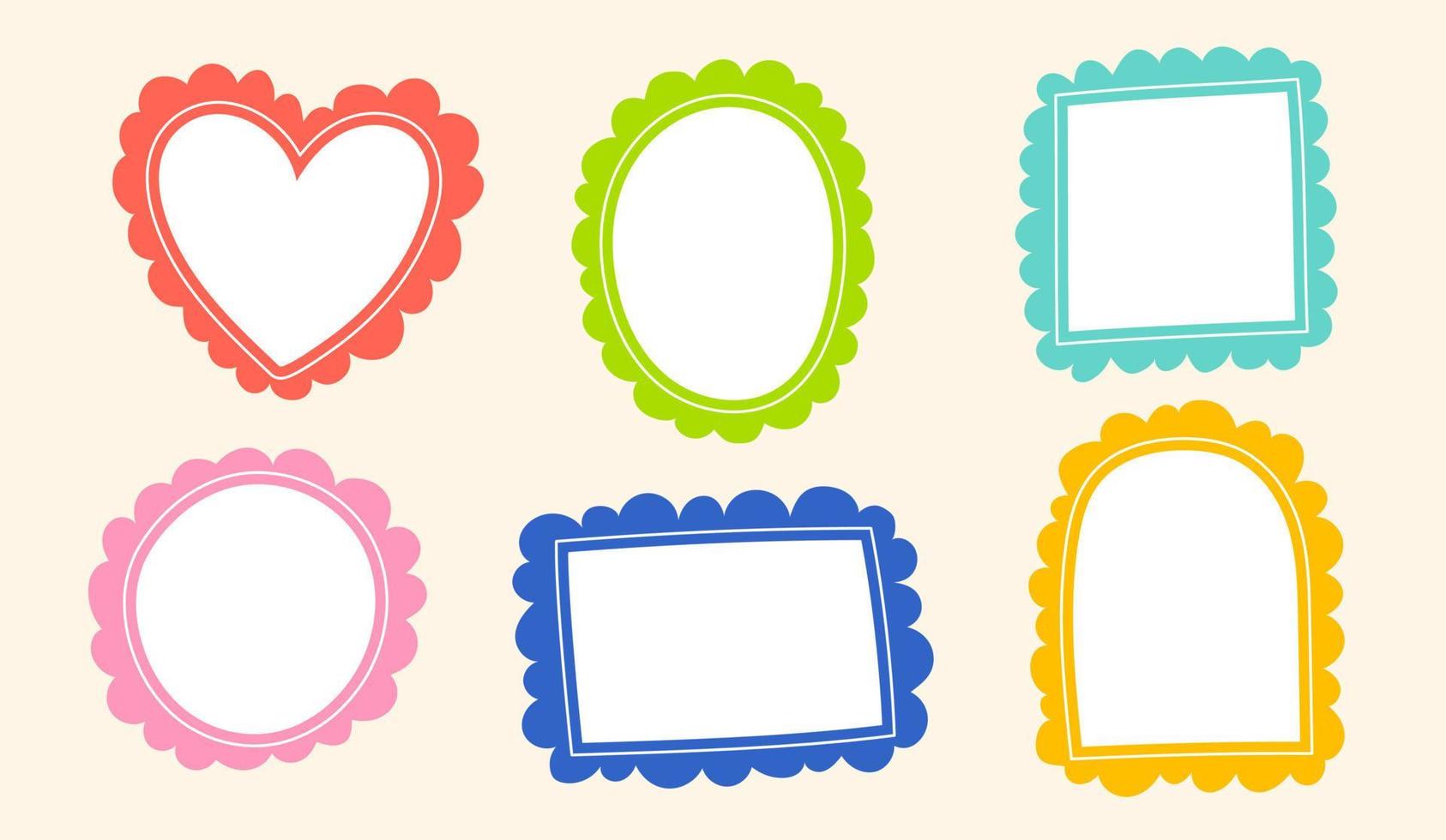 Cute Wavy Line Doodle Cloud Round Heart Square Rectangle Arch Oval Shape Green Blue Red Pink Orange Yellow Sticky note Post it Borders Frames Background Set Collection Bundle Vector Illustration