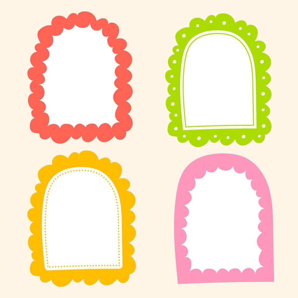 Cute Wavy Dot Line Doodle Cloud Round Arch Shape Green Red Pink Orange Yellow Sticky note Post it Borders Frames Background Set Collection Bundle Vector Illustration