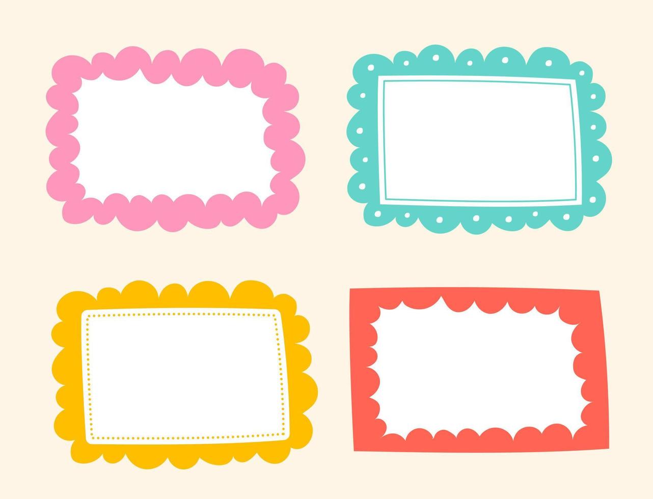 Cute Wavy Inside Dot Dash Line Doodle Cloud Rectangle Shape Green Blue Red Pink Orange Yellow Sticky note Post it Borders Frames Background Set Collection Bundle Vector Illustration