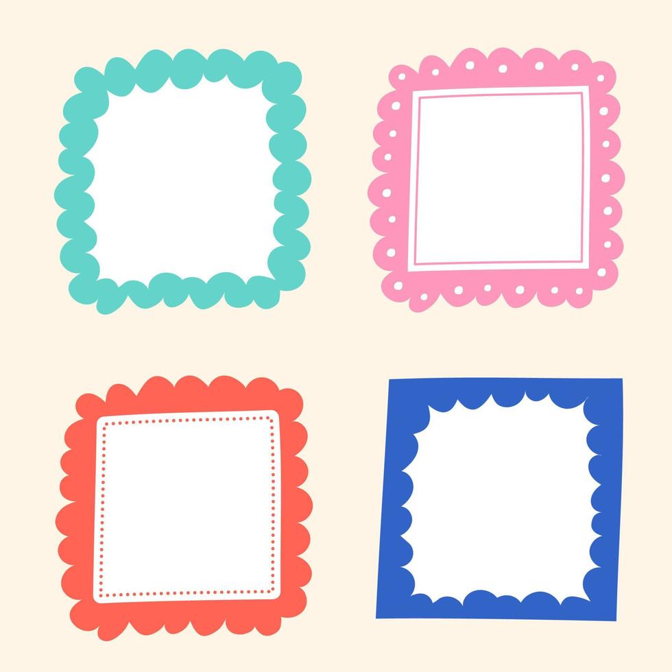 Cute Wavy Inside Dot Dash Line Doodle Cloud Square Shape Green Blue Red Pink Sticky note Post it Borders Frames Background Set Collection Bundle Vector Illustration