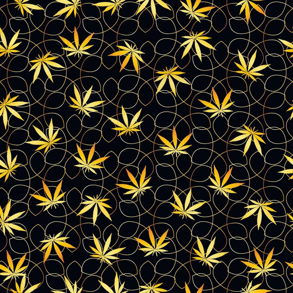 golden hemp leaves on black background seamless pattern vector