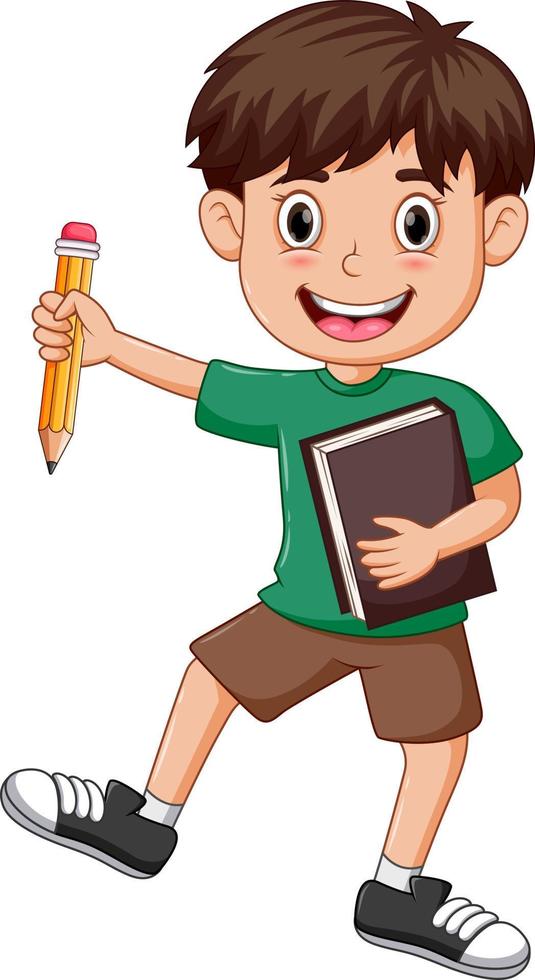 Boy holding pencil and carrying book vector