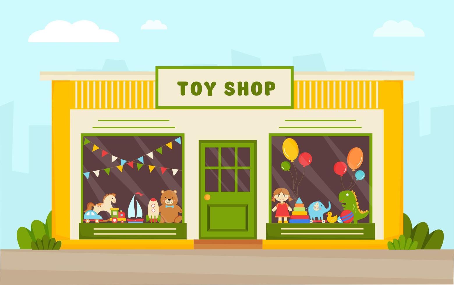 Toy store facade. Modern toy shop vector illustration. Retail trail.  Toy store window. Shop window with toys. Front view of toy shop.