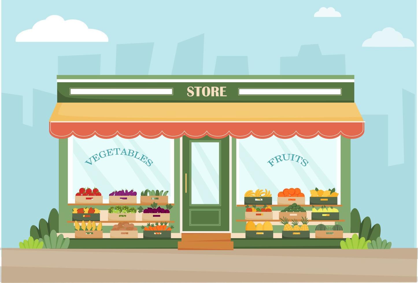 Fruit and vegetable store on the street. Fresh organic food products. Fruit and vegetable in boxes. Farm products. Cucumber, tomato, potato, carrot, corn, banana, apple, pear. Vector illustration.