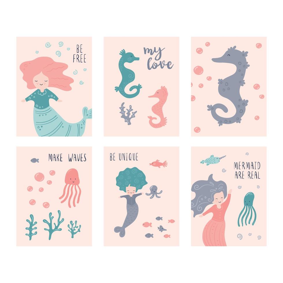 Little Mermaid with octopus and shell. Greating card vector
