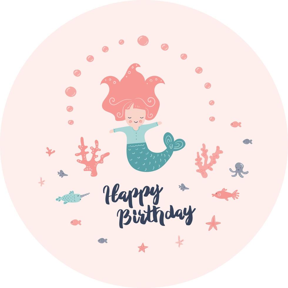 Little Mermaid with sea coral and shell. Greating card vector