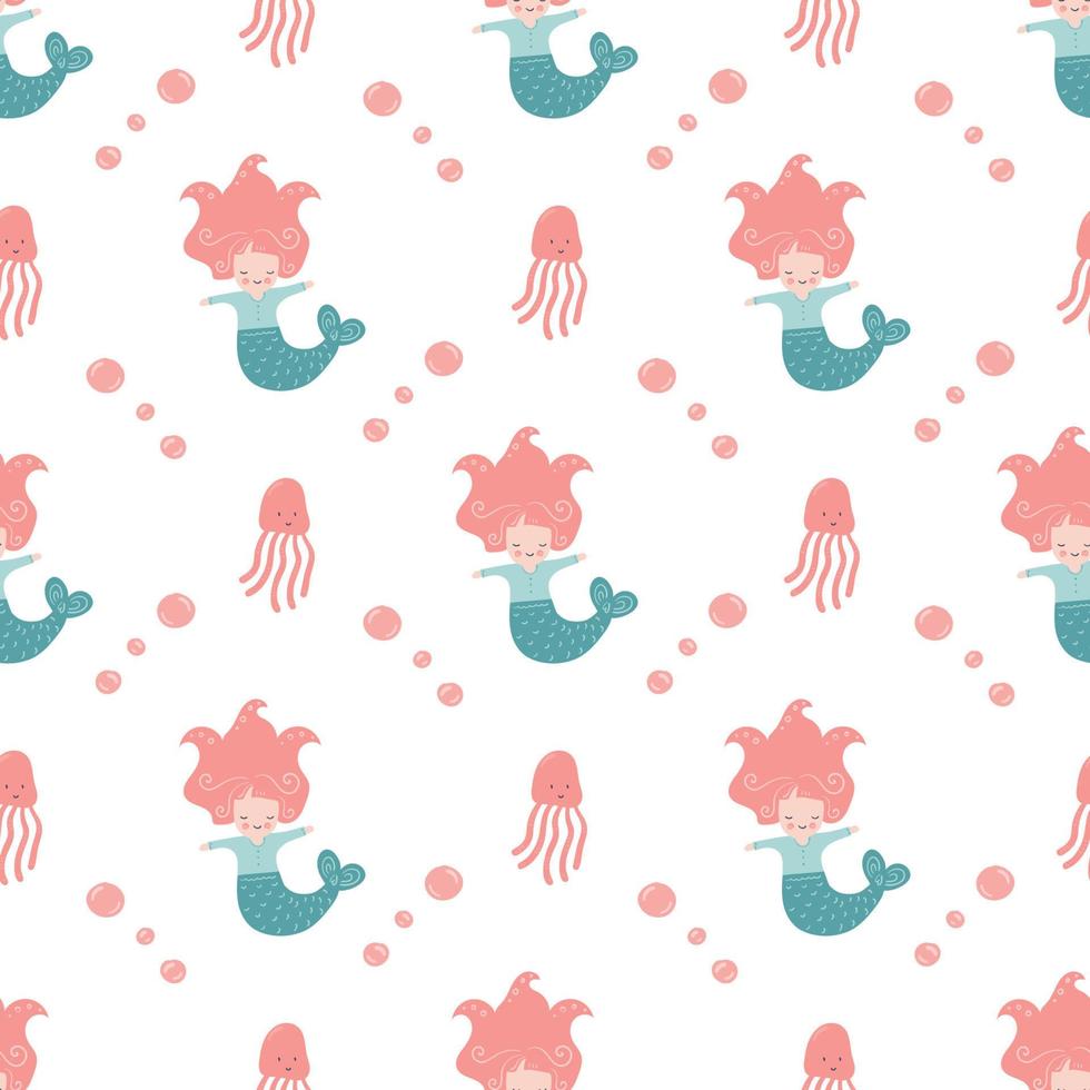 Funny little Mermaid with octopus. Seamless pattern for textile vector