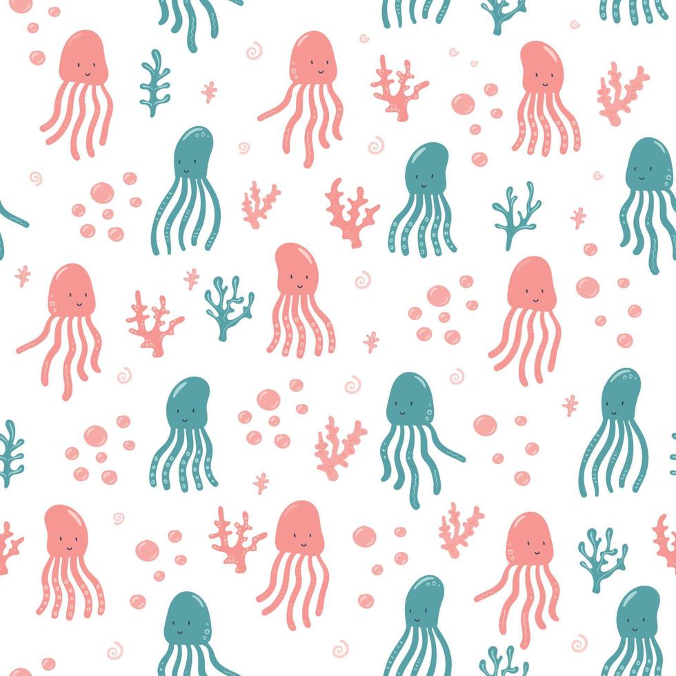 Funny little octopus with coral. Seamless pattern for textile vector