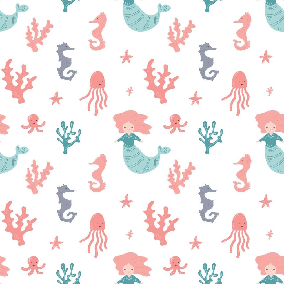 divertida sirenita con caballito de mar y concha. patrón sin costuras para textiles vector