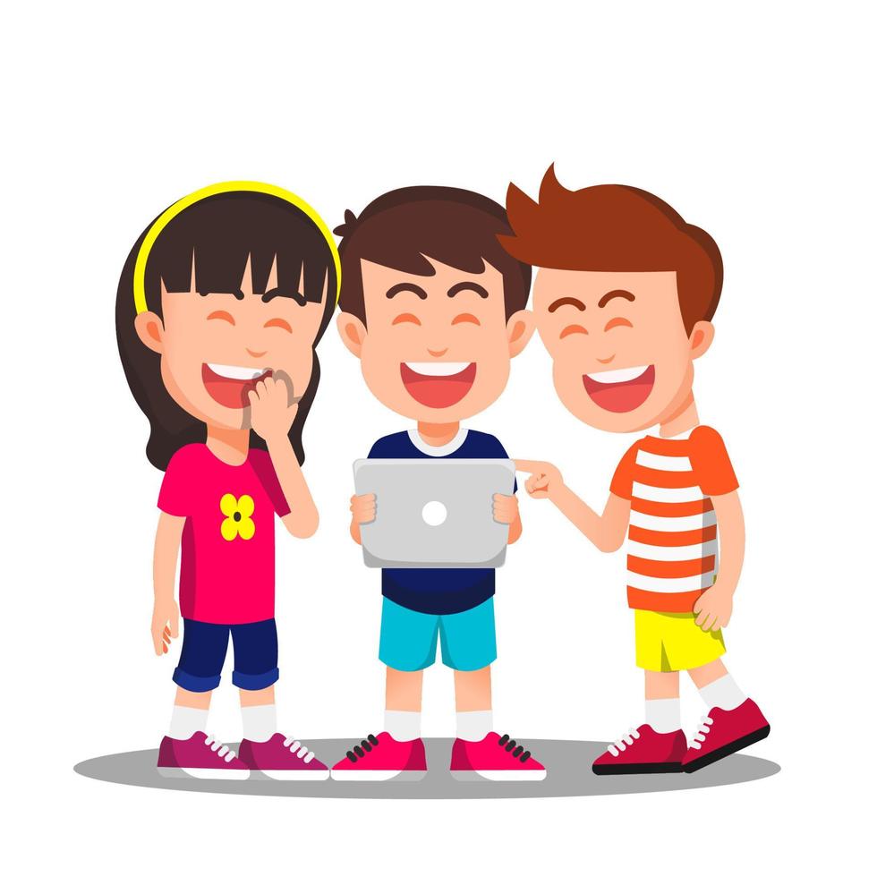 children laughing together while looking at the tablet vector