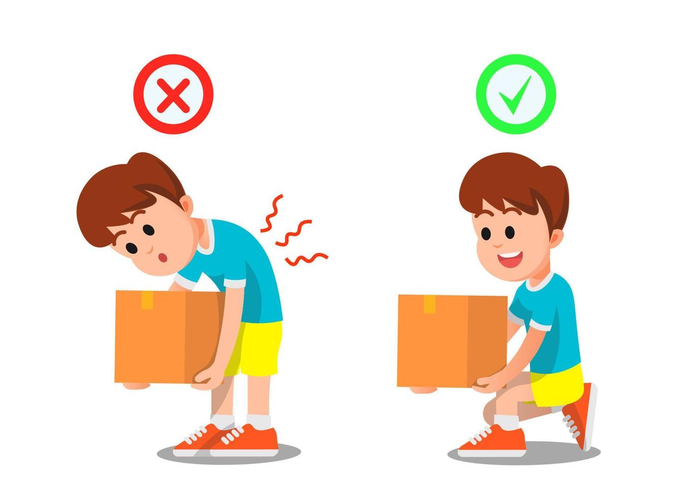 boy with a proper and wrong pose lifting an object vector