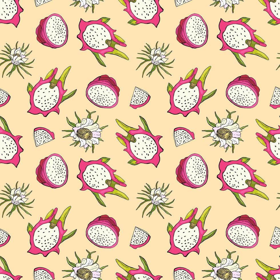 Red dragon fruit. Fruit seamless pattern with pitahaya. Design for fabric, textile, wallpaper, packaging. vector