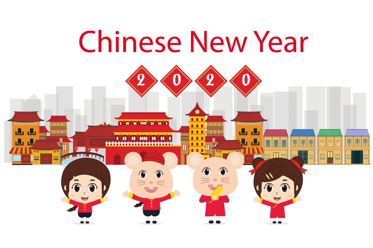 China town and old architecture with dragon dance. Vector illustration