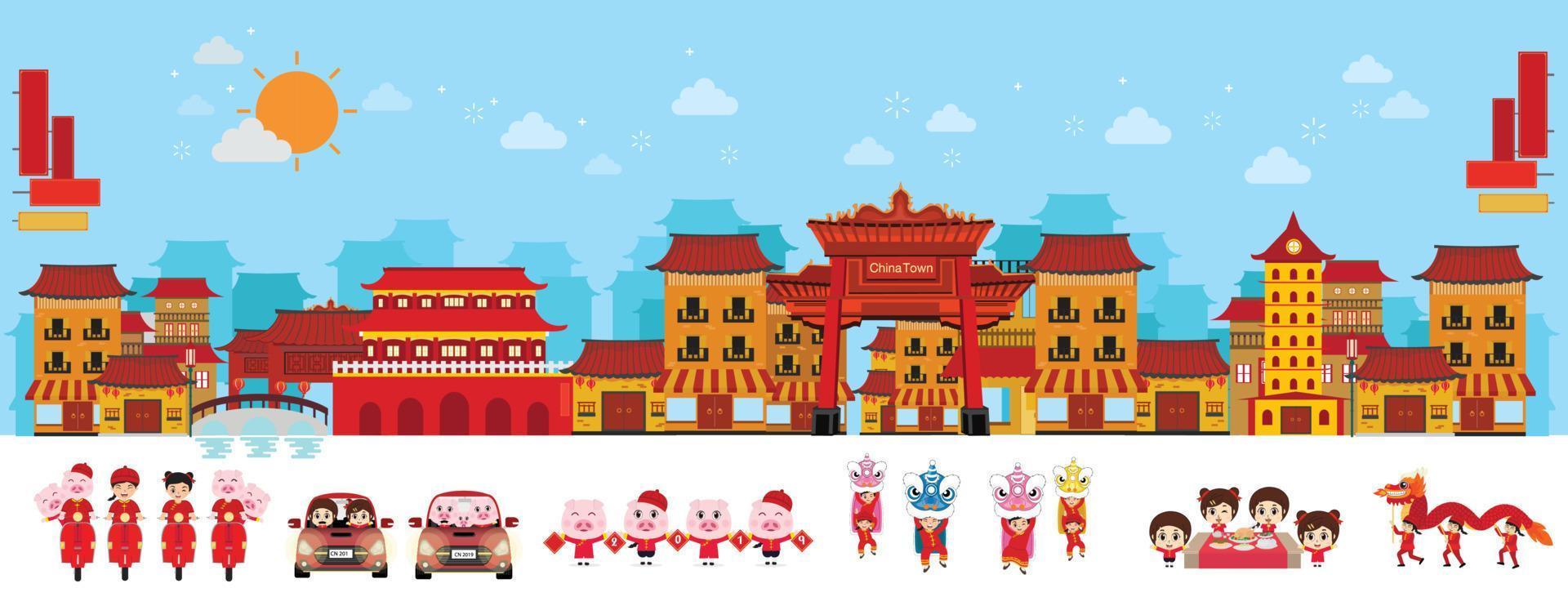 China town and old architecture with dragon dance. Vector illustration