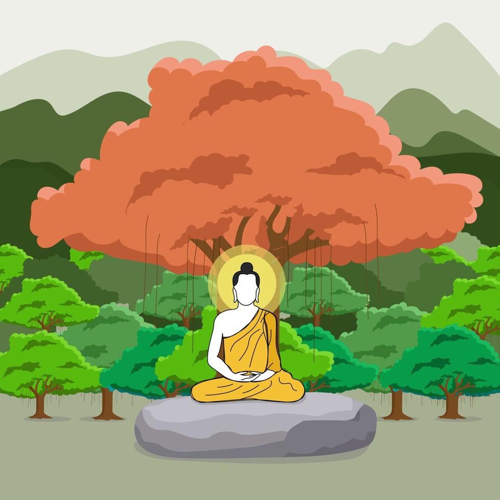 Buddha meditating in the big forest. vector illustration