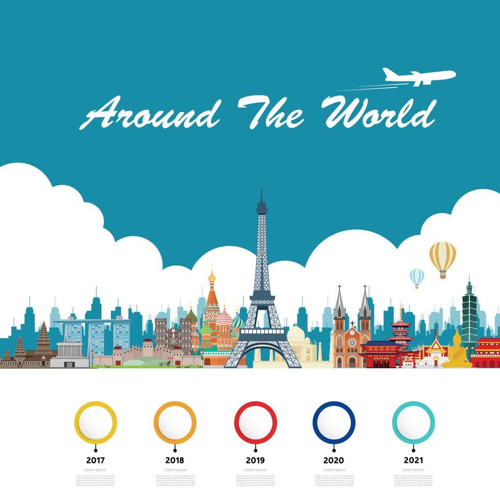 Travel around the world with famous attractions and copy space. Vector illustration
